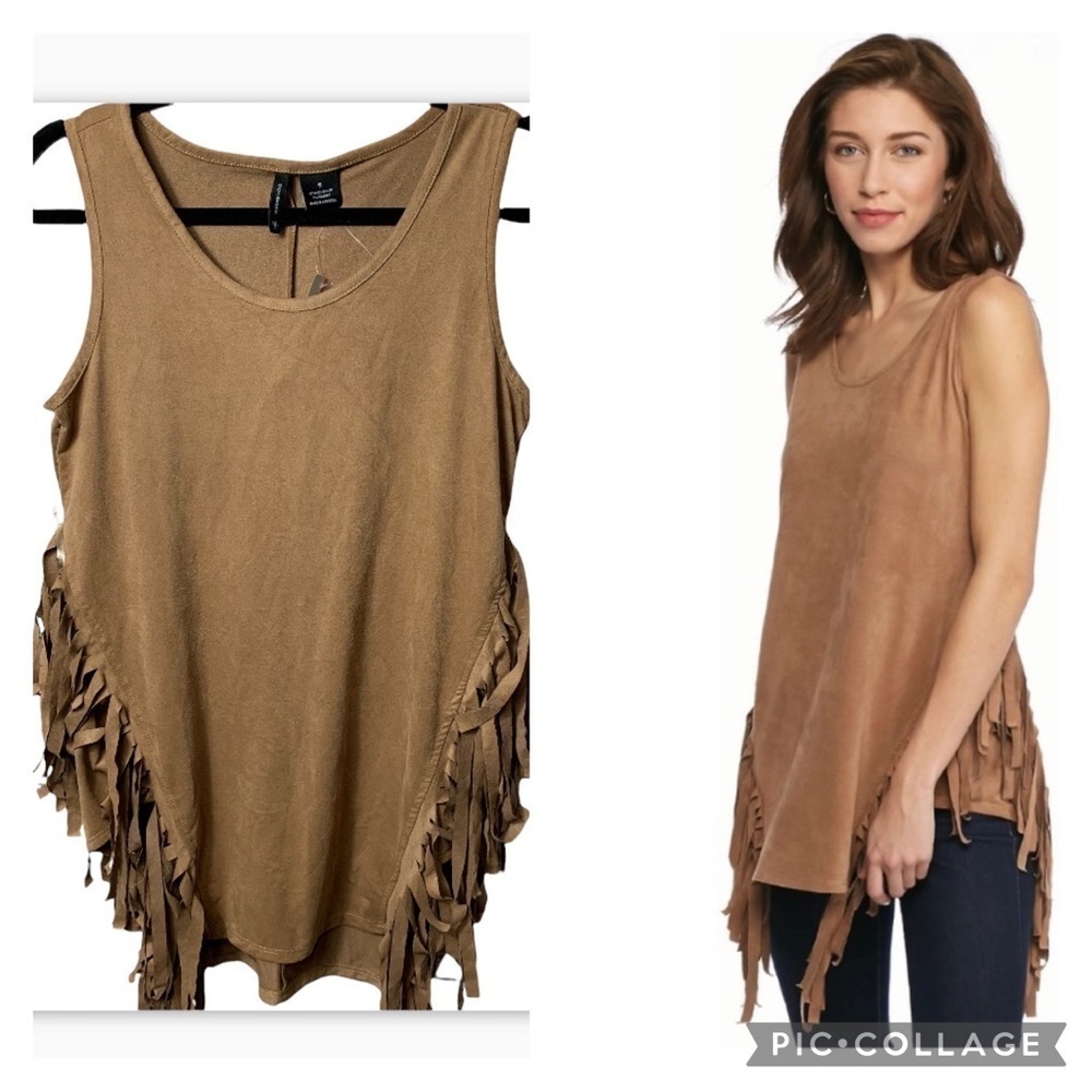 Nwt New Directions Suede Side Fringe Tunic Tank Light Taupe